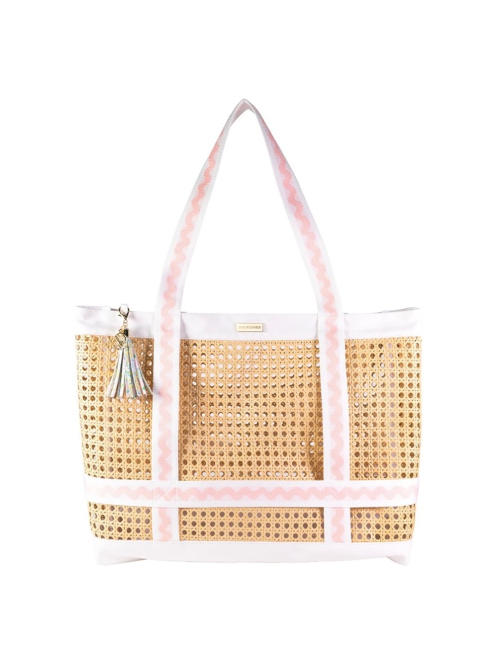 New Lilly Pulitzer Natural Woven Large Travel Tote with Pink & White Trim - Picture 4 of 13